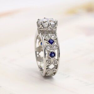 Sterling Silver Simulated Blue Sapphire Vintage Octagon Crown Ring